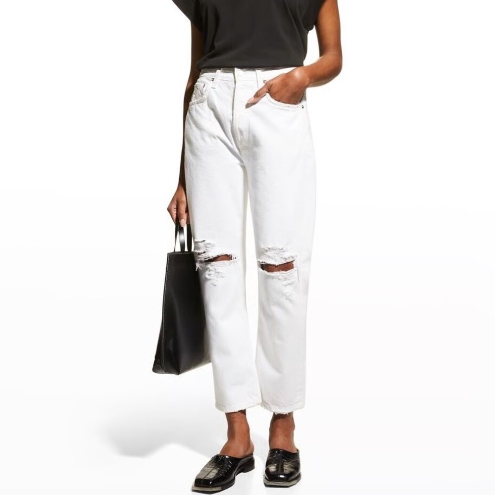 NWT AGOLDE Jeans Riley Crop High-Rise Straight Distressed Cream Size 27